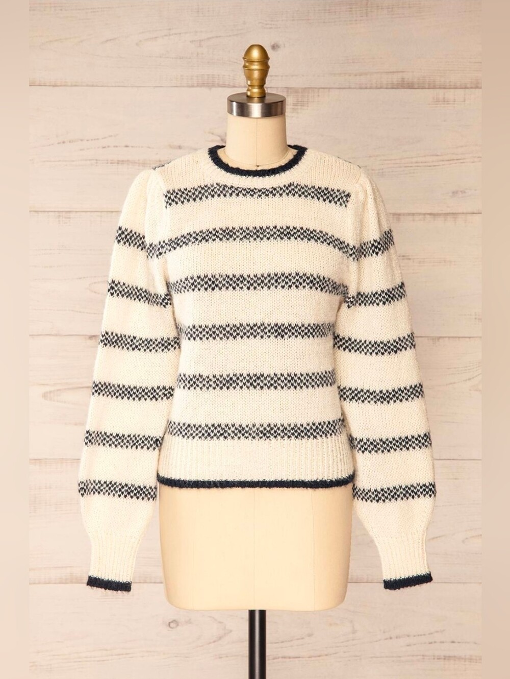 Striped Puff-Sleeve Crewneck Sweater in White & Navy Blue